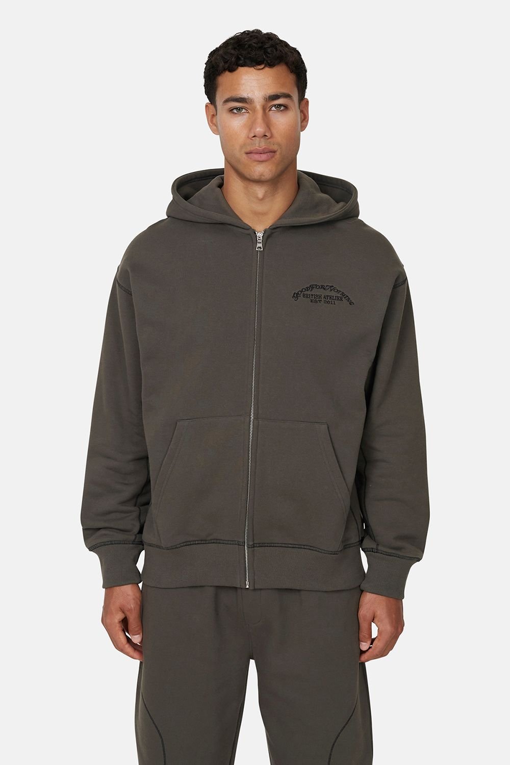 Good For Nothing Good For Nothing Men's Coverlock Stitching Zip Through Hoodie in Dark Grey - 1