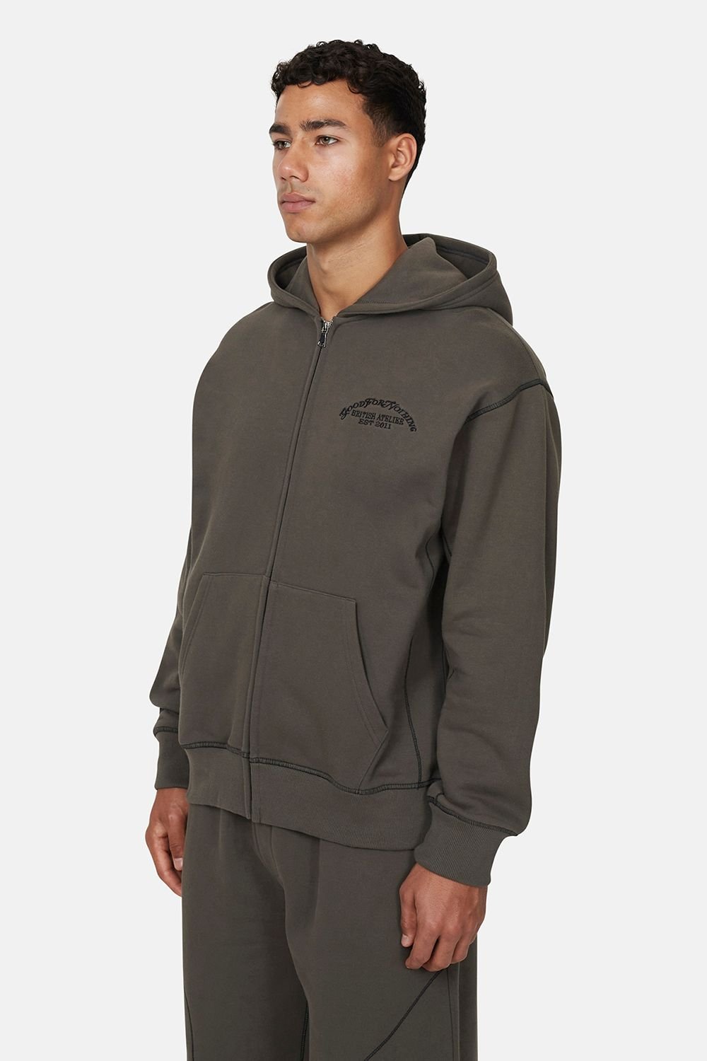 Good For Nothing Good For Nothing Men's Coverlock Stitching Zip Through Hoodie in Dark Grey - 3
