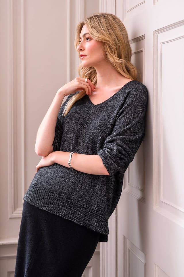 Celtic & Co Celtic & Co Women's Shimmer V Neck Jumper in Dark Grey - 3