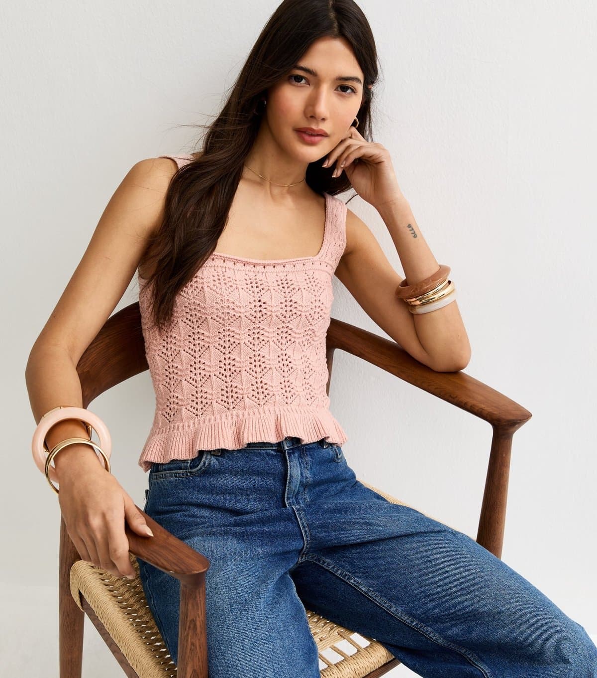 New Look Women's Light Pink Square Neck Cotton Rich Pointelle Knit Vest New Look