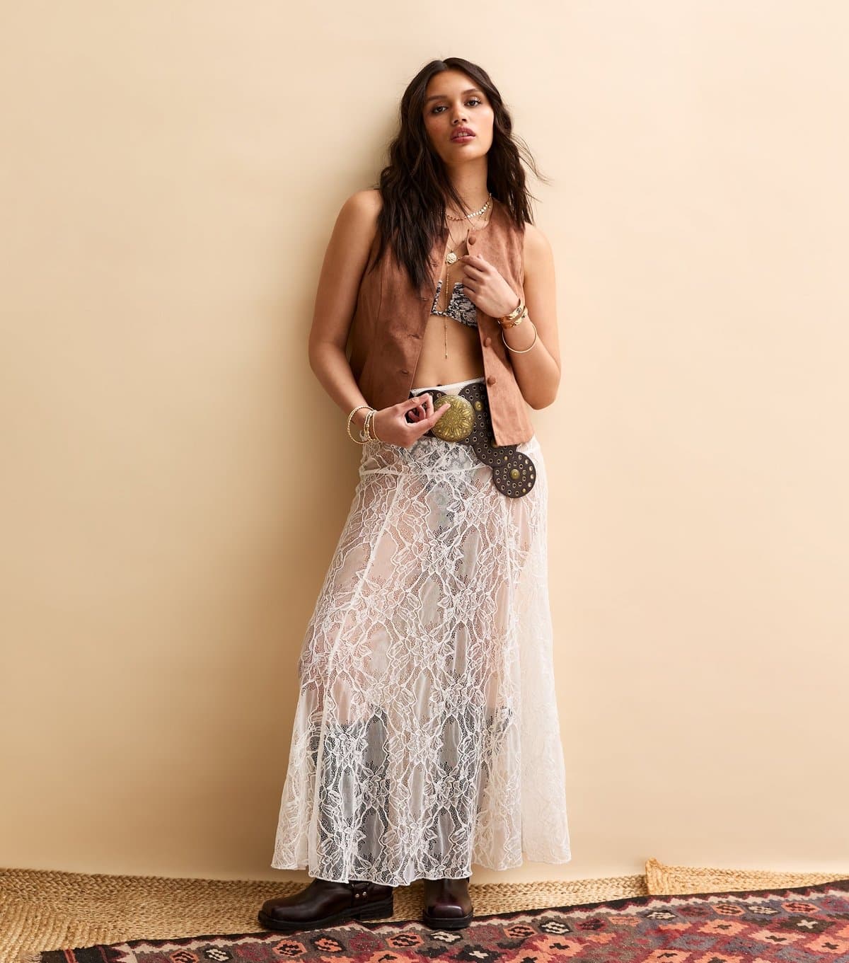 New Look New Look Cream Floral Lace Midi Skirt