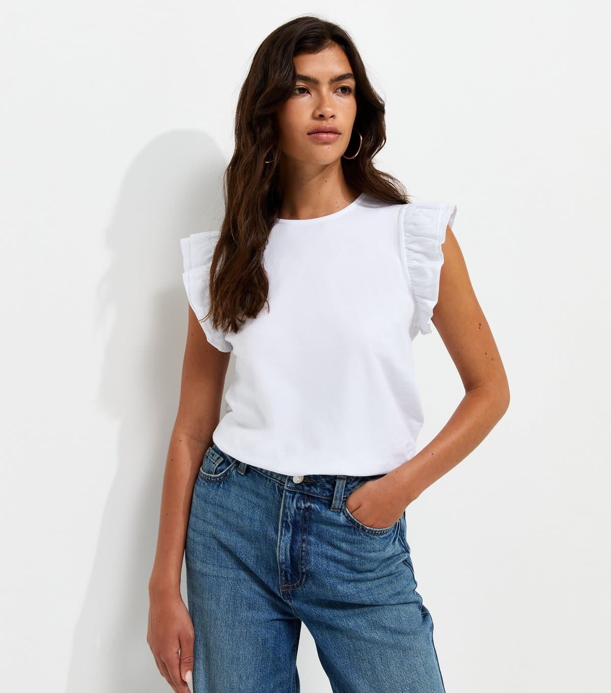 New Look Women's White Cotton Frill Sleeve Top New Look