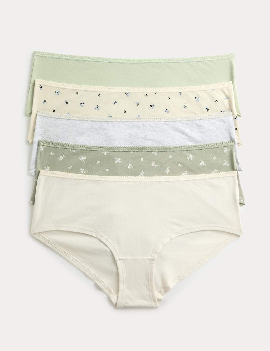 Marks & Spencer M&S 5pk Cotton Rich Lycra® Low Rise Shorts Soft Green