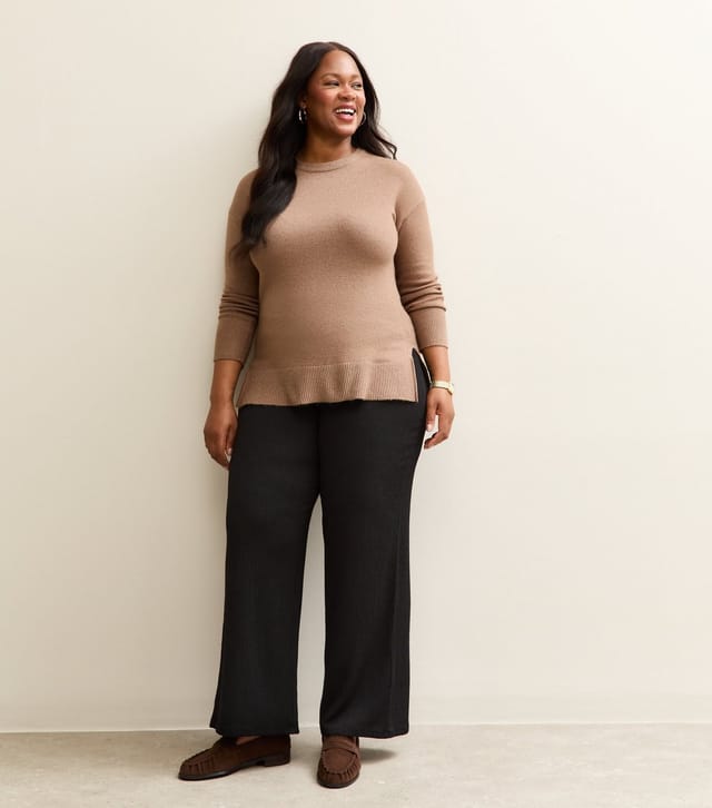 New Look Women's Plus Size Black Crinkled Wide Leg Trousers Curves New Look - 3