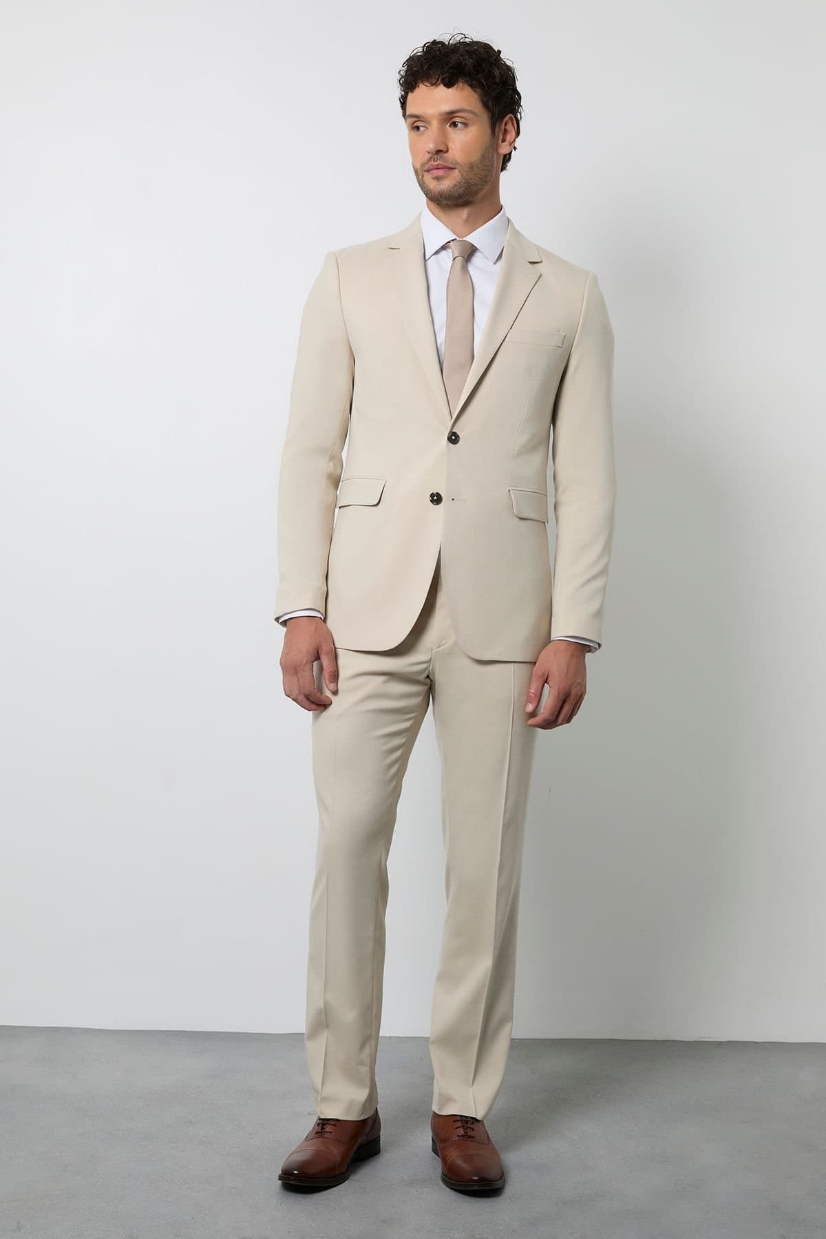 Burton Burton Men's Beige Tailored Fit Suit Trousers in Natural
