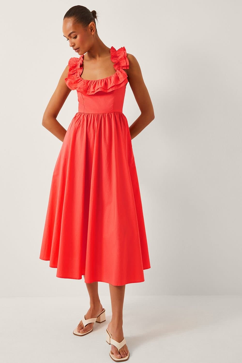 Monsoon Monsoon Orange Cotton Sleeveless Ruffle Midi Dress