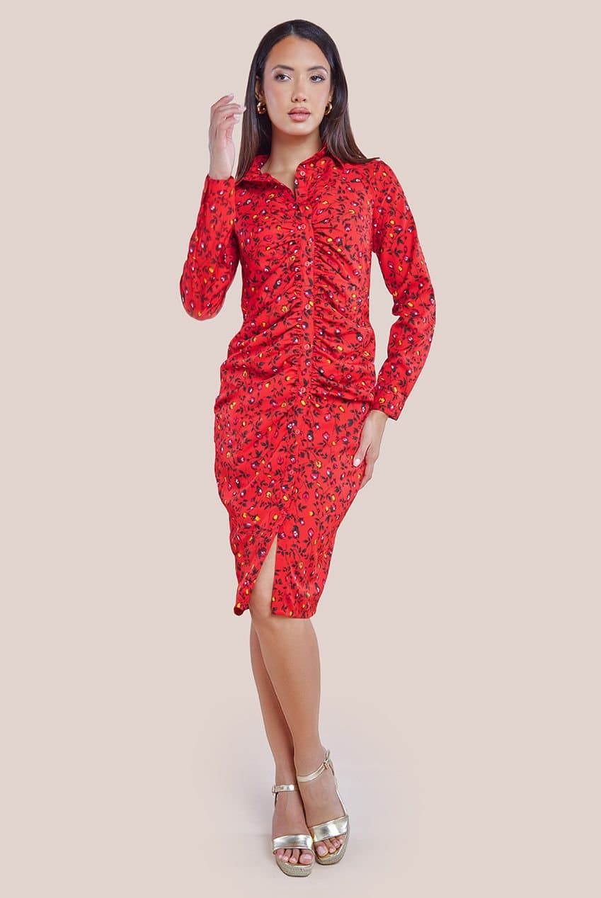 City Goddess City Goddess Women's Floral Print Shirt Dress in Red