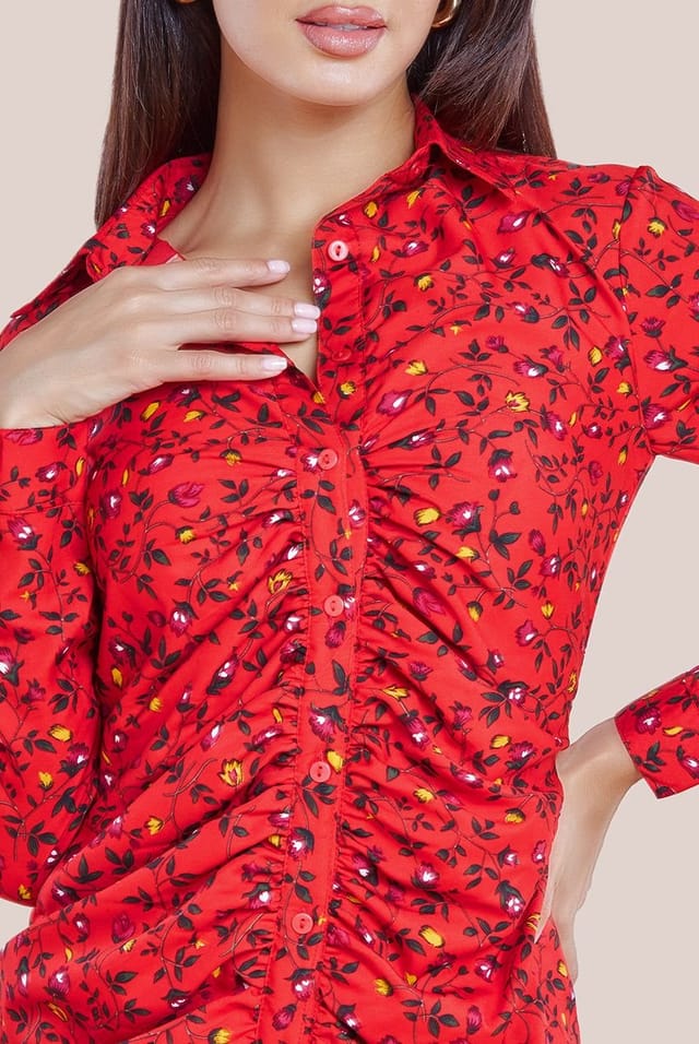 City Goddess City Goddess Women's Floral Print Shirt Dress in Red - 3