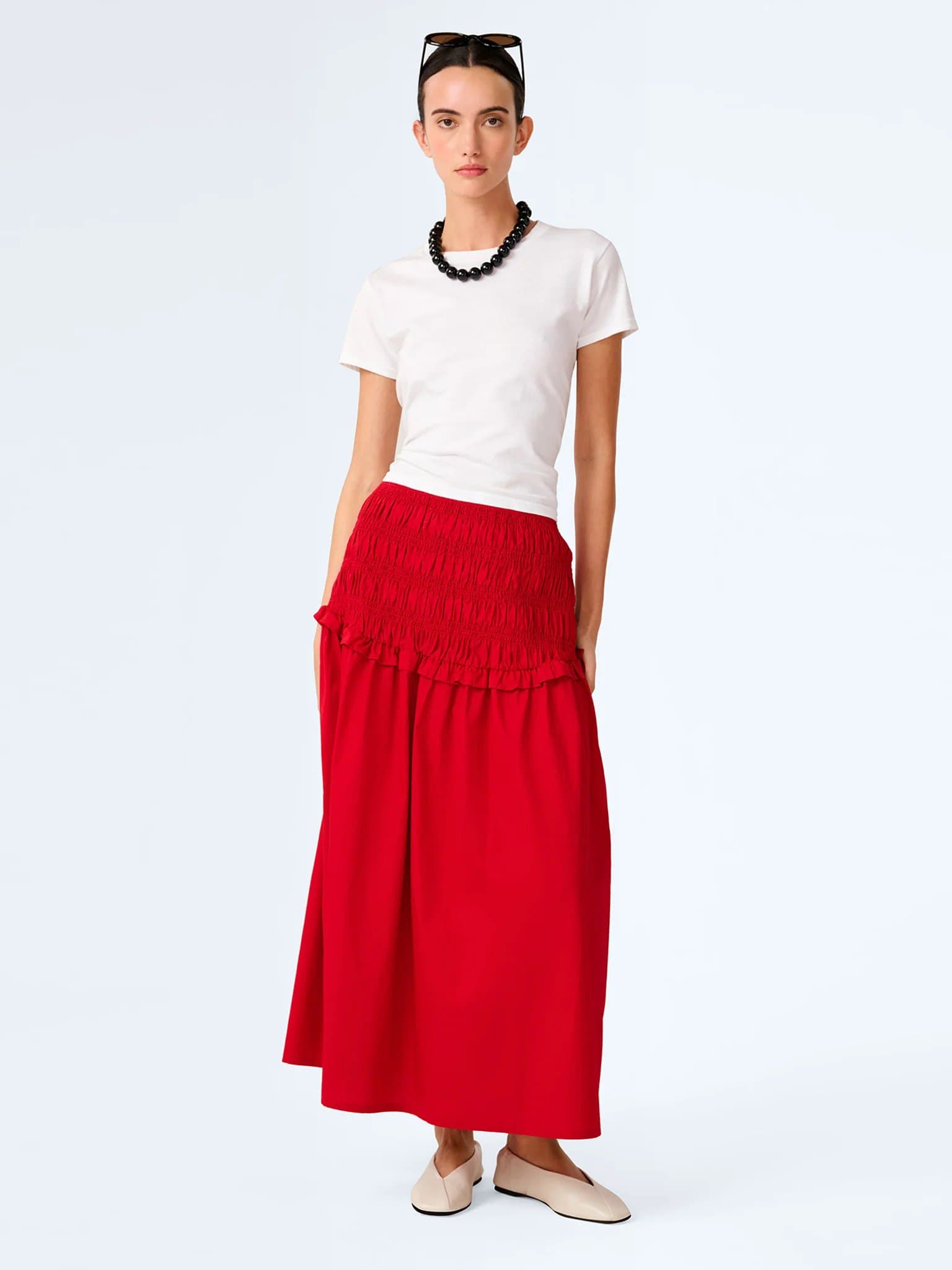 OMNES OMNES Red Haley Midi Skirt with Shirred Waistband