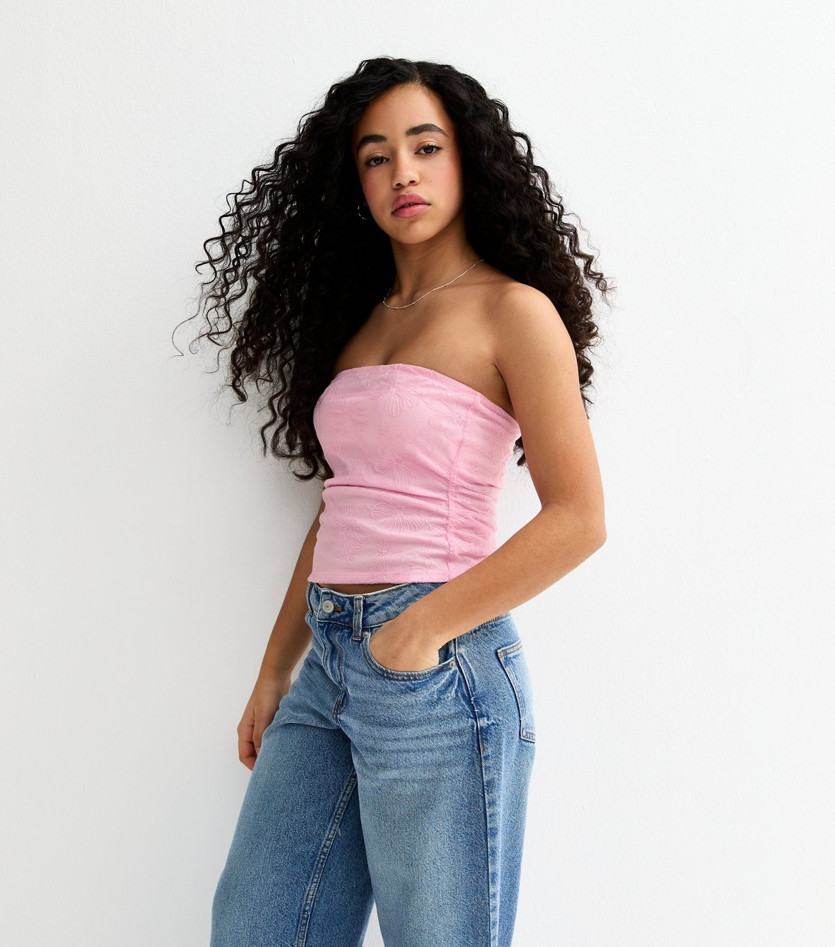 New Look Girls' Pink Floral Embroidered Mesh Bandeau Top New Look - 2