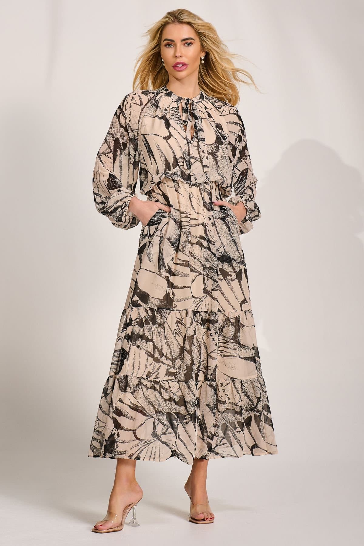 Jolie Moi Jolie Moi Women's Chiffon Long Sleeve Tiered Maxi Dress in Medium Beige