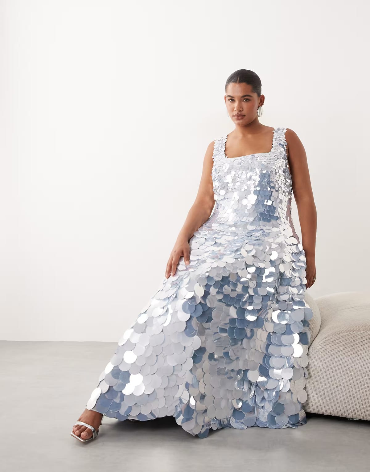 ASOS ARRANGE Curve embellished disc sequin square neck full skirt midi dress in ice blue - 1