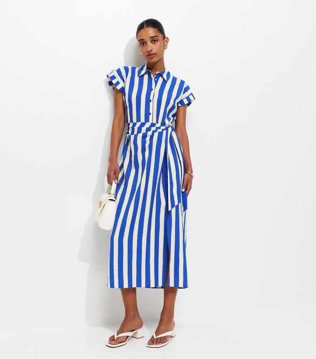 Unknown Women's Blue Stripe Tie Waist Midi Shirt Dress  New Look - 3