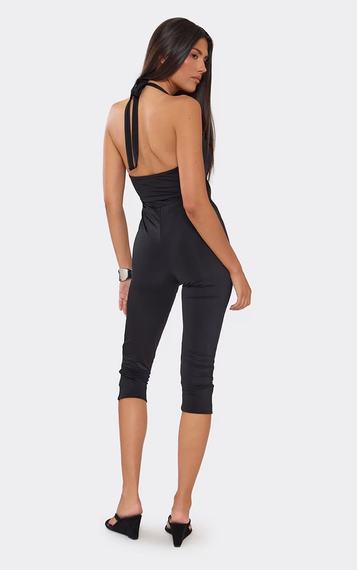 EGO Halterneck Wrap Front Capri Jumpsuit In Black, Women's Size UK 6