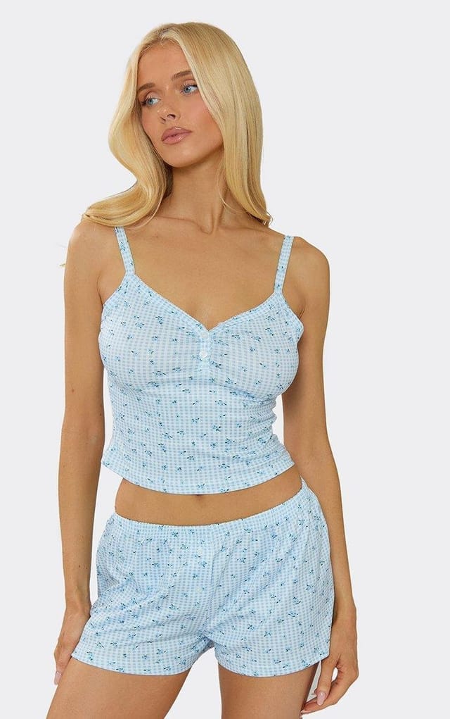 EGO Strappy Button Front Top An Short Pyjama Set In Blue Floral Gingham, Women's Size UK L - 2