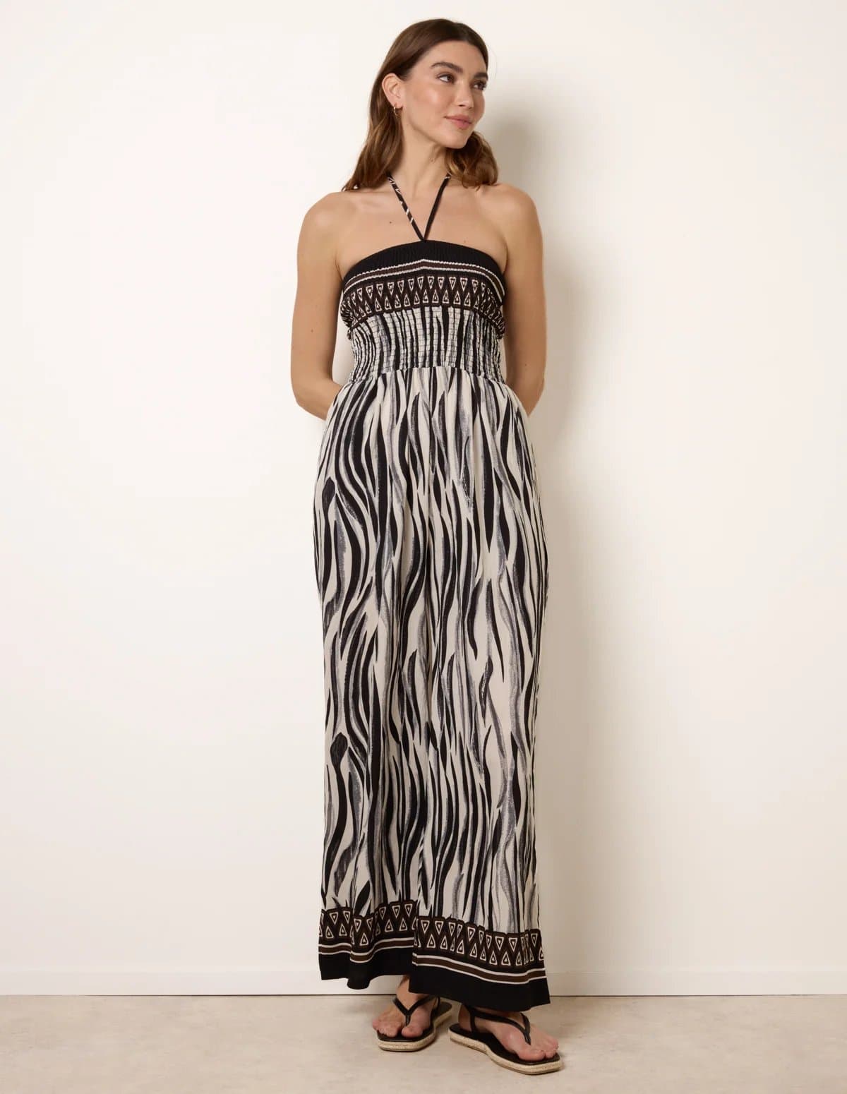 Blue Vanilla Zebra Print Halter Neck Shirred Waist Jumpsuit