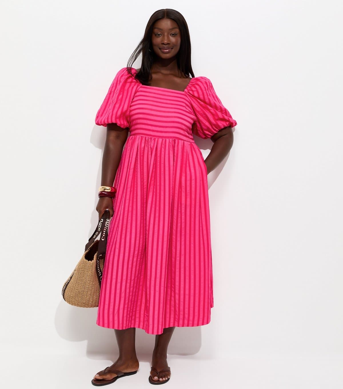 New Look Women's Plus Size Dark Pink Striped Seersucker Puff Sleeve Midi Dress Curves New Look