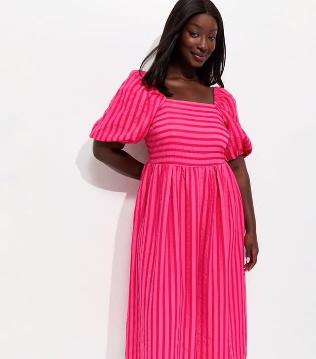 New Look Women's Plus Size Dark Pink Striped Seersucker Puff Sleeve Midi Dress Curves New Look - 3