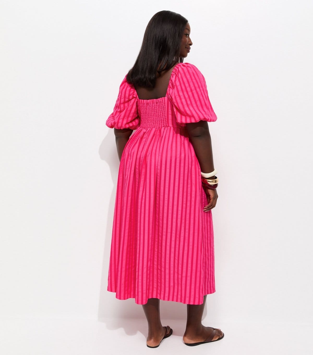 New Look Women's Plus Size Dark Pink Striped Seersucker Puff Sleeve Midi Dress Curves New Look - 4