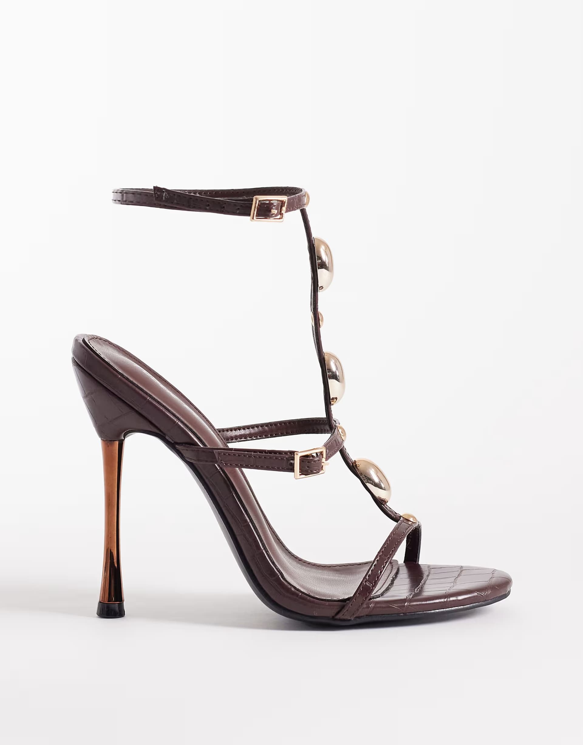 ASOS Public Desire Wide Fit high heeled sandals with stone embellishment in brown