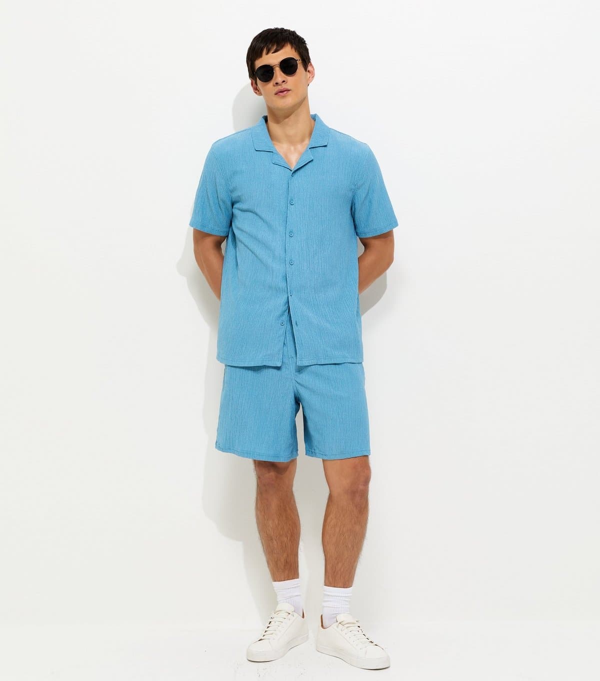 New Look Men's Light Blue Regular Textured Drawstring Shorts New Look