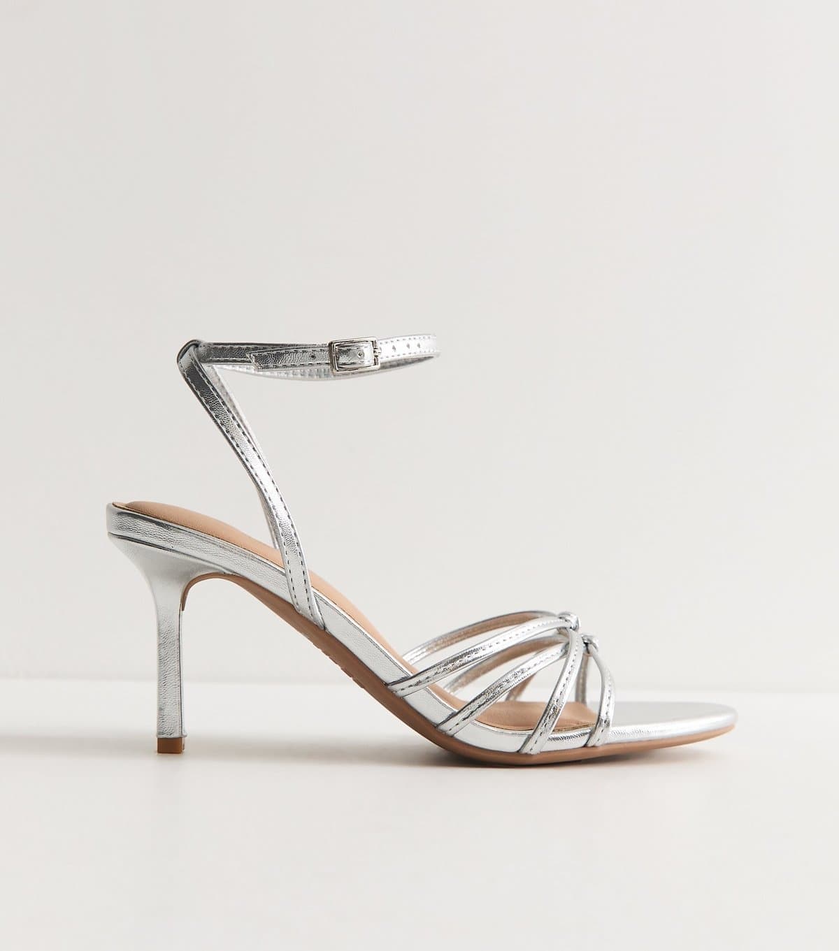 New Look Women's Silver Faux Leather Knot Strappy Stiletto Sandals Vegan New Look