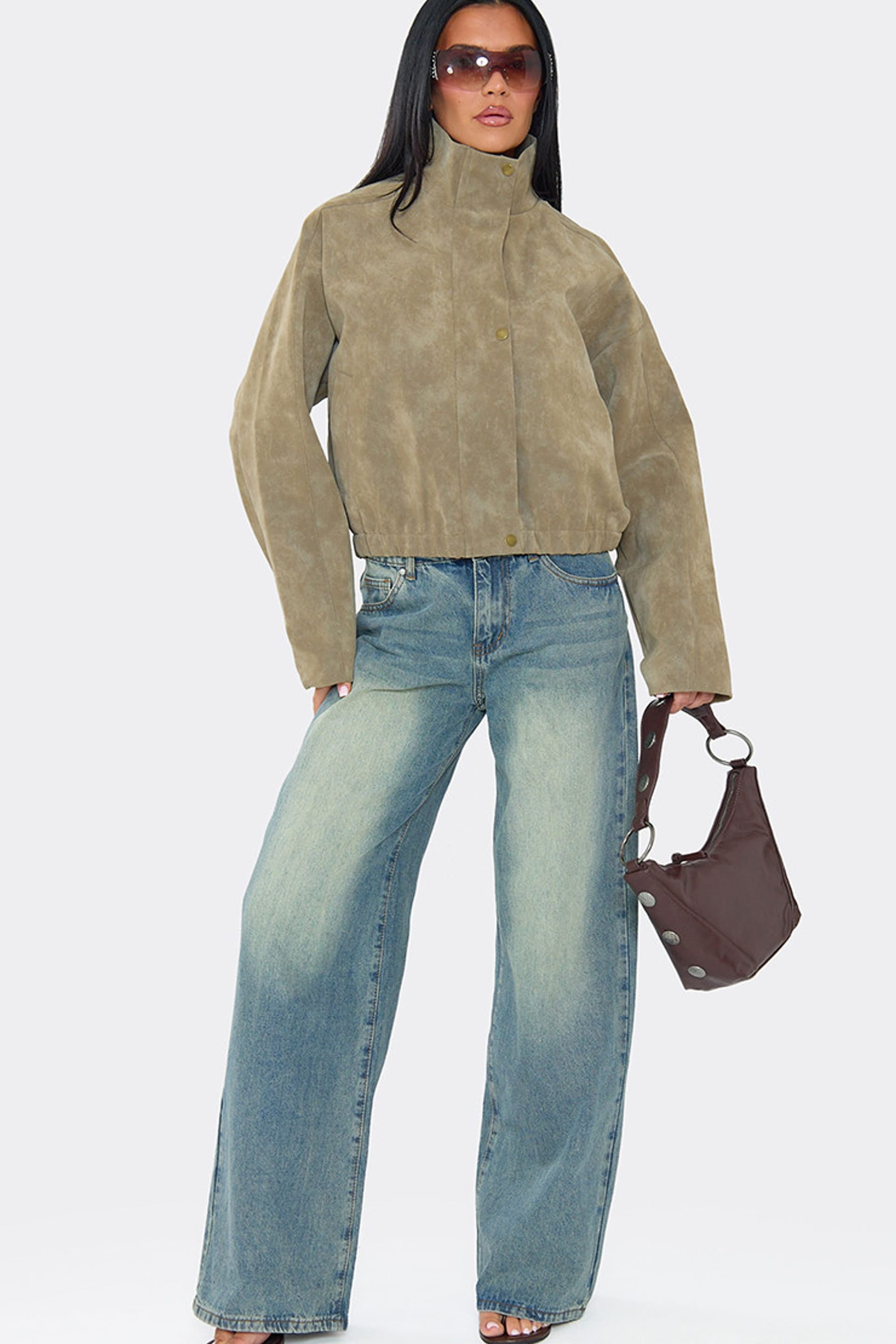 EGO Khaki Funnel Neck Faux Leather Jacket