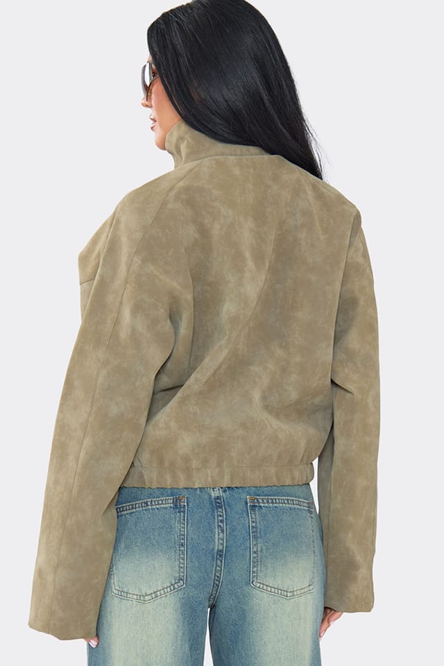 EGO EGO Women's Long Sleeve Faux Leather Jacket in Khaki - 2