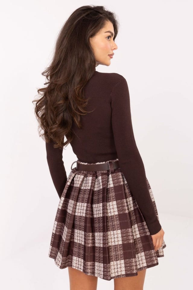 Love Lace Love Lace Women's Checkered Pleated Mini Skirt with Belt in Brown - 3