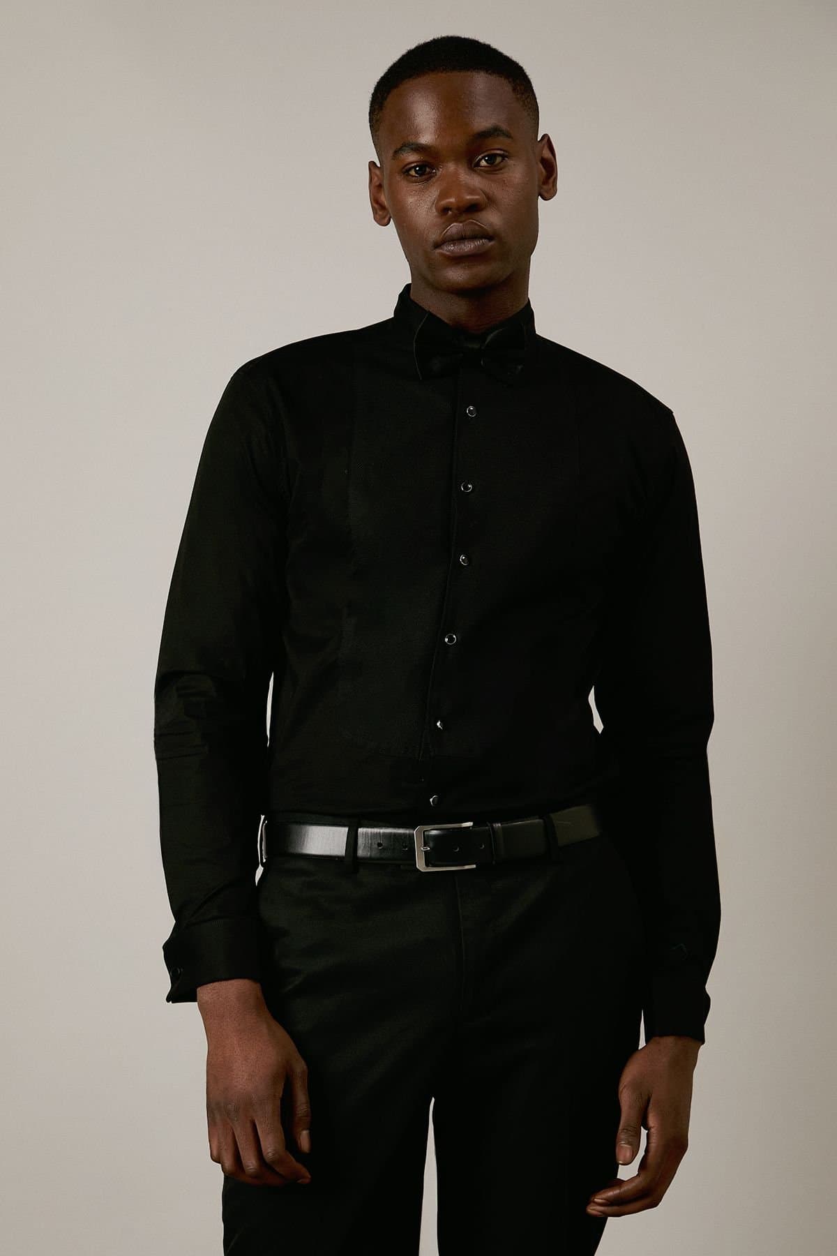 Burton Burton Men's Black Wing Collar Bib Front Slim Fit Long Sleeve Dress Shirt