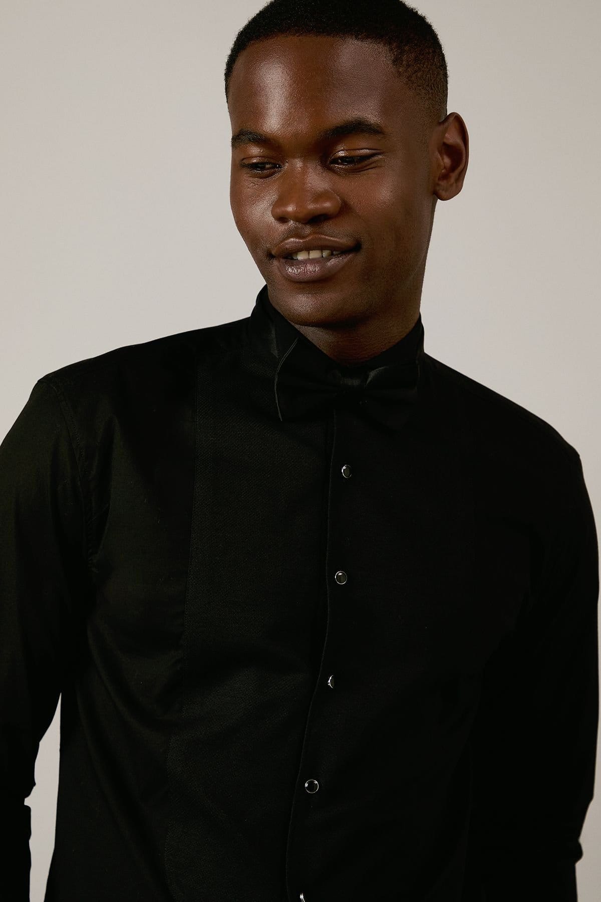 Burton Burton Men's Black Wing Collar Bib Front Slim Fit Long Sleeve Dress Shirt - 4
