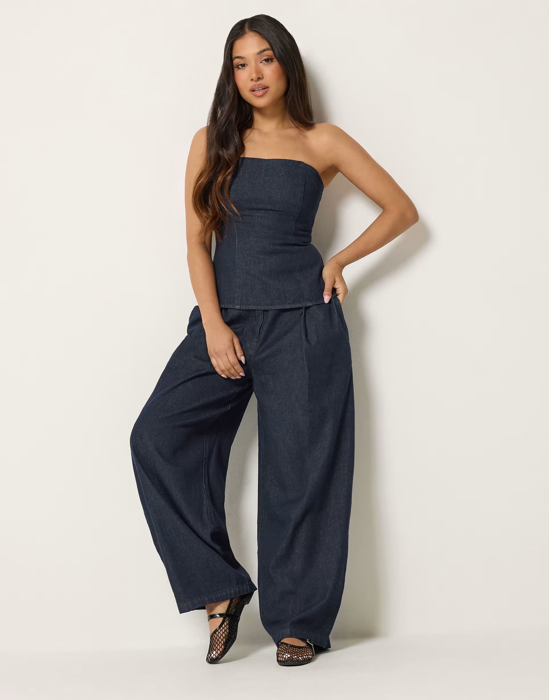 ASOS PixieGirl Petite denim bandeau top & wide leg trousers set in blue