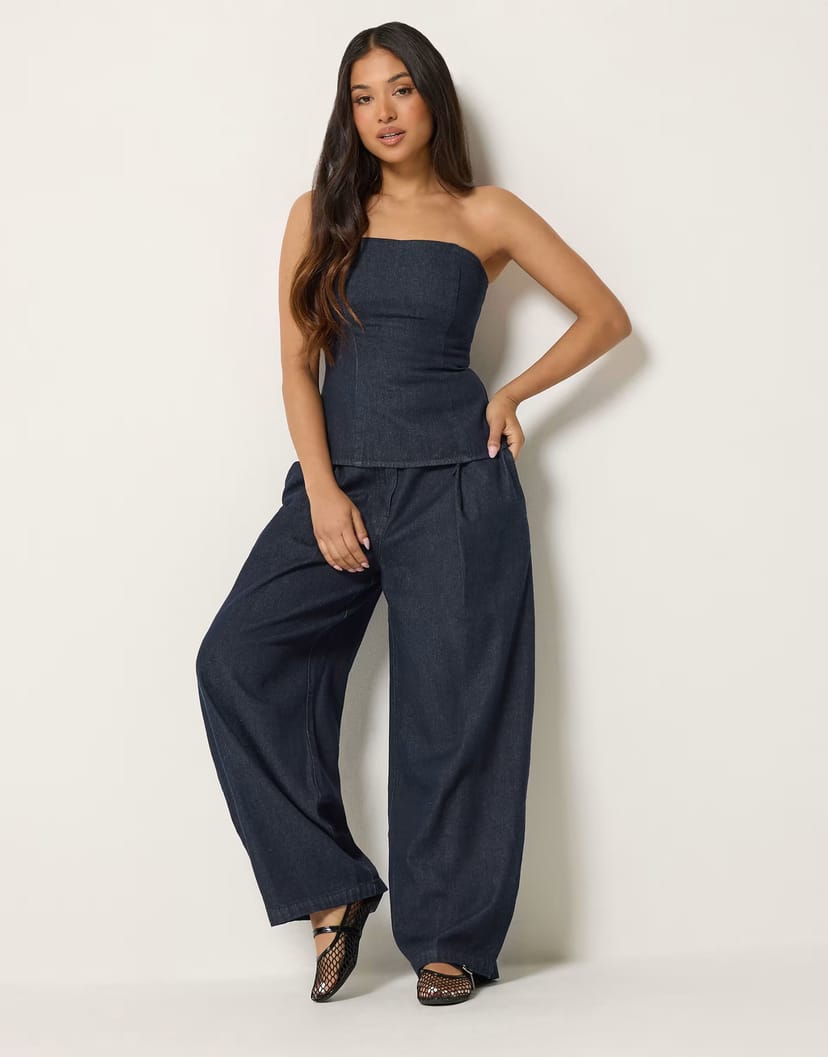 ASOS PixieGirl Petite denim bandeau top & wide leg trousers set in blue - 1