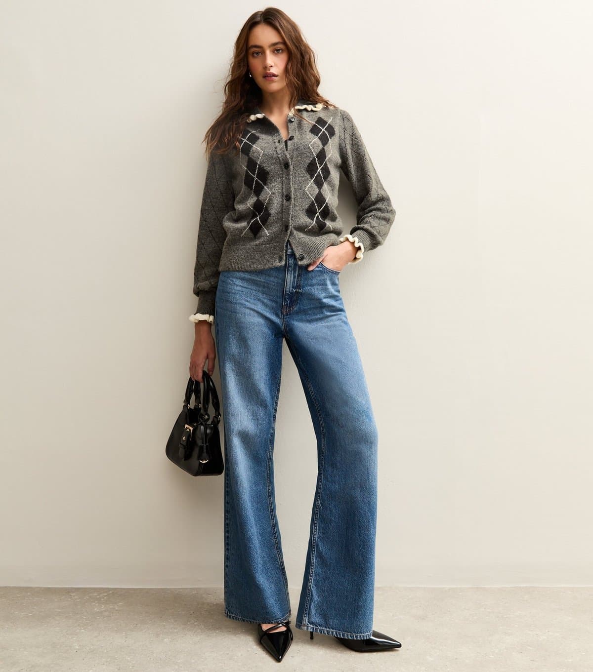 New Look Women's Grey Argyle Print Knit Frill Collar Cardigan New Look