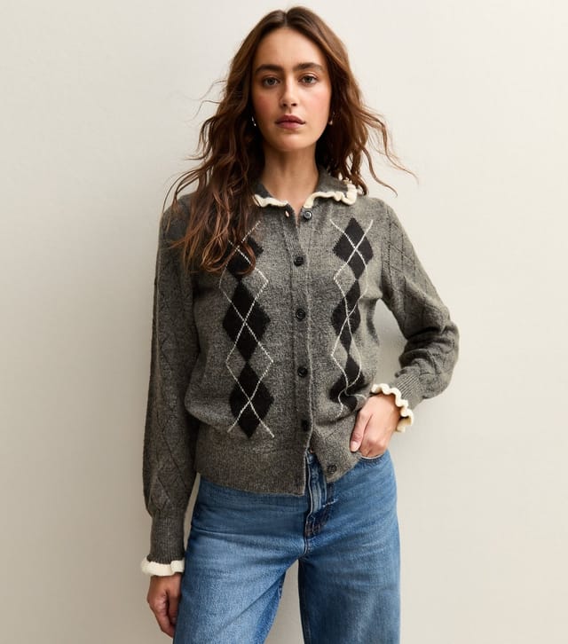 New Look Women's Grey Argyle Print Knit Frill Collar Cardigan New Look - 2