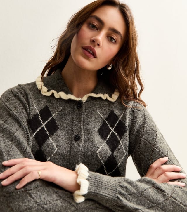 New Look Women's Grey Argyle Print Knit Frill Collar Cardigan New Look - 3