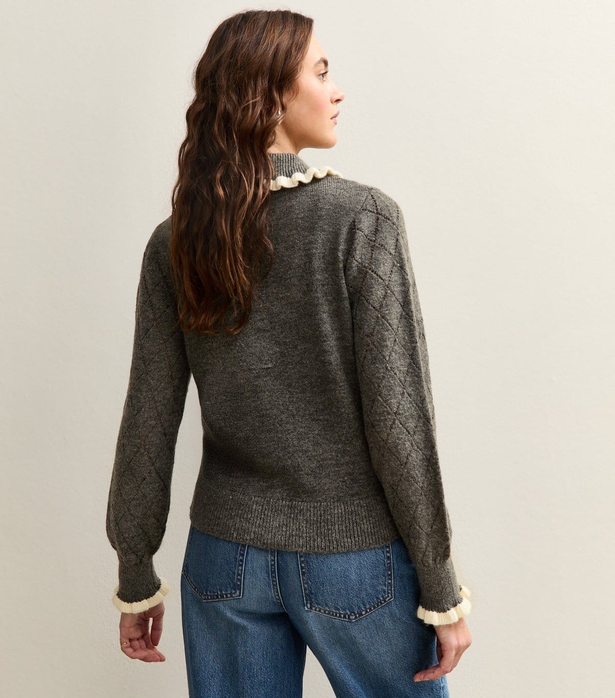 New Look Women's Grey Argyle Print Knit Frill Collar Cardigan New Look - 4