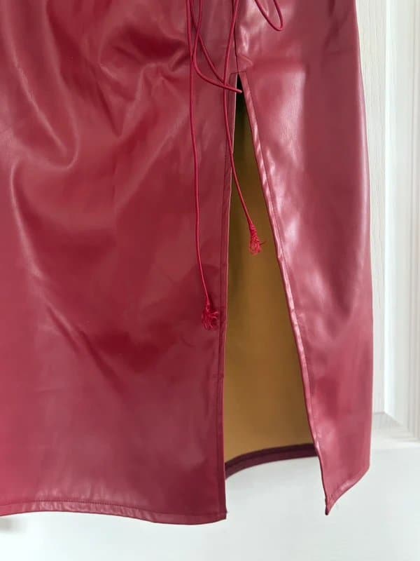 Unknown Red/Burgundy Ruched Faux Leather Pencil Skirt