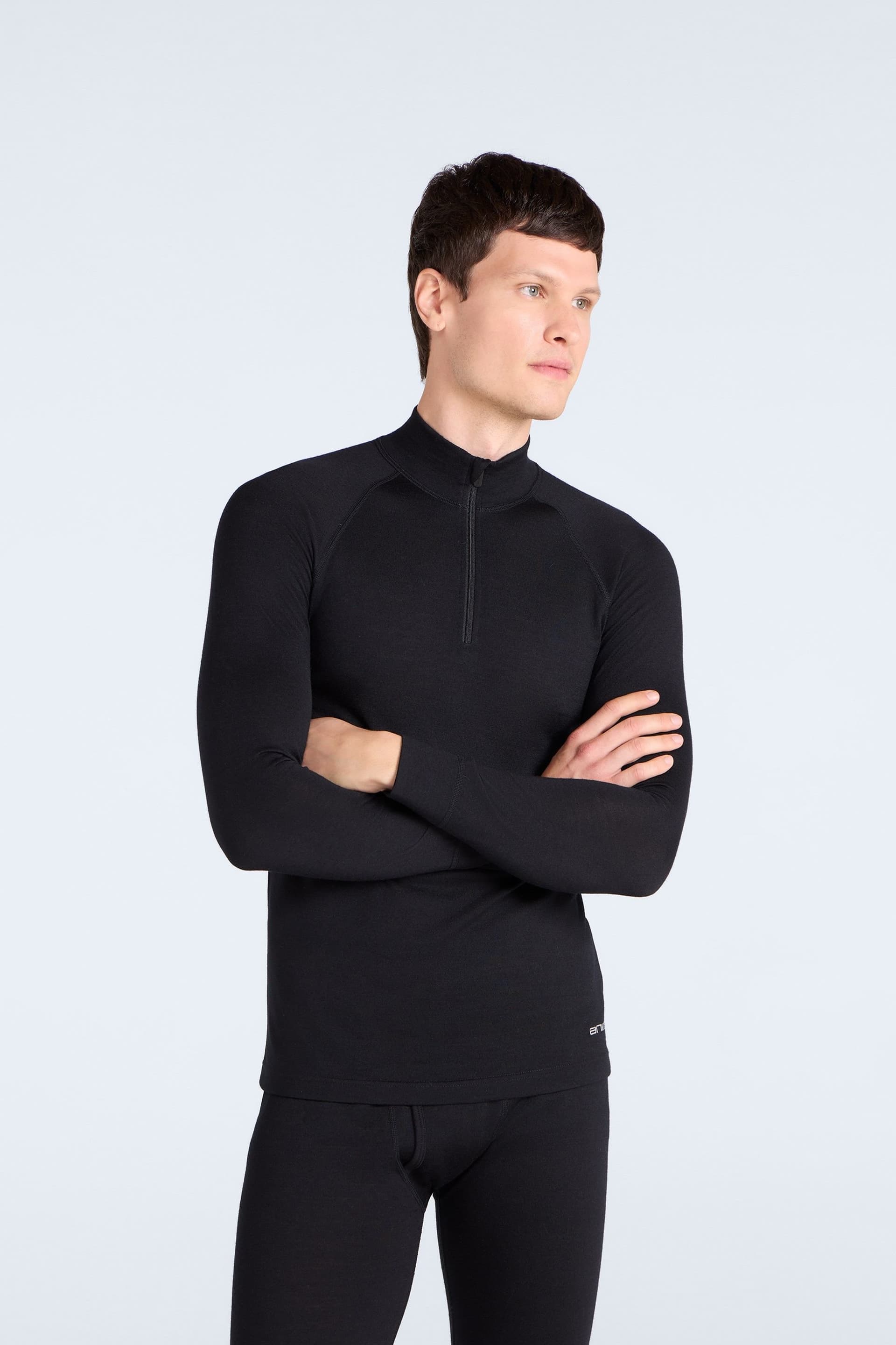 Animal Animal Men's Merino Wool Long Sleeve Zip Neck Top in Black