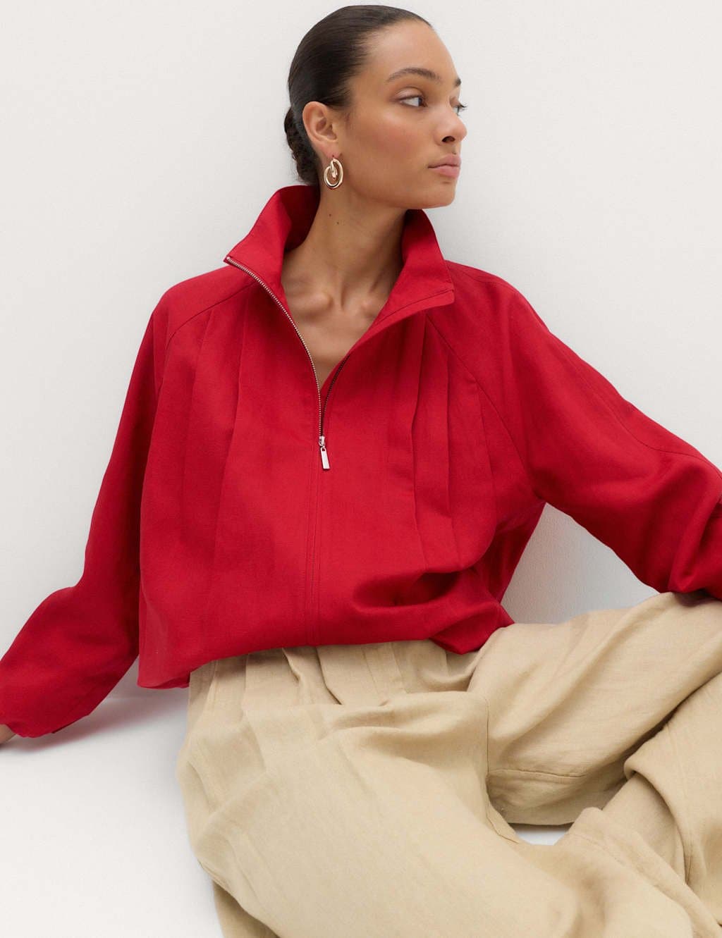 Marks & Spencer M&S Lyocell Rich Pleated Funnel Neck Jacket Red