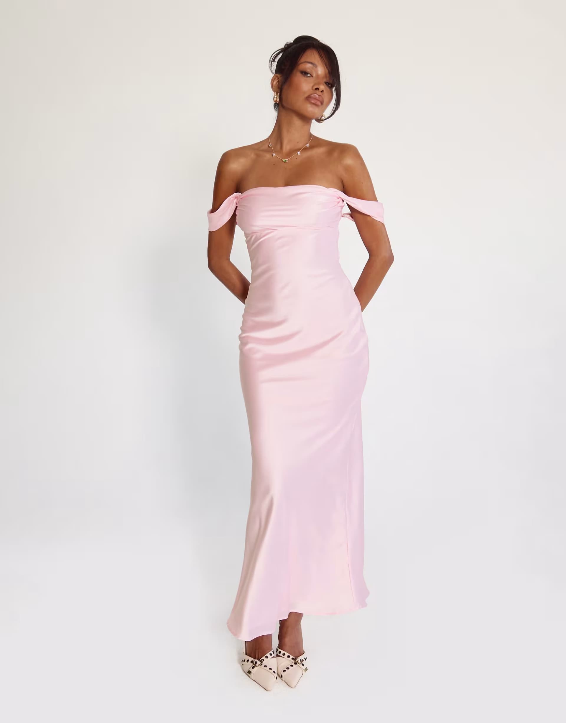 ASOS Princess Polly Azura satin ruched bust square neck fallen shoulder maxi dress in pink