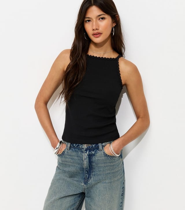 New Look Women's Black Cotton Rich Ribbed Daisy Trim Cami Top New Look - 2
