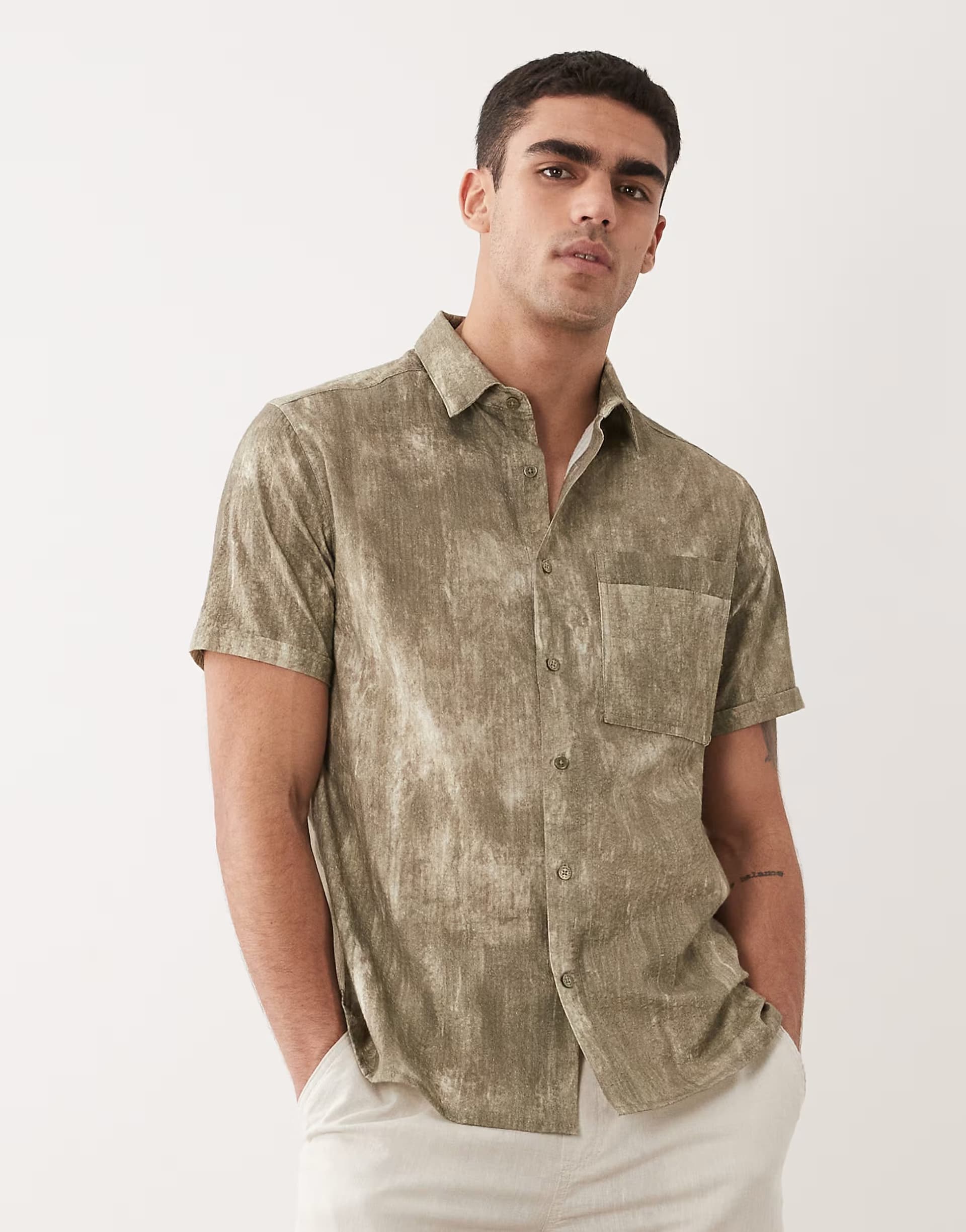 ASOS Barbour Ross short sleeve washed leaf print relaxed shirt in khaki