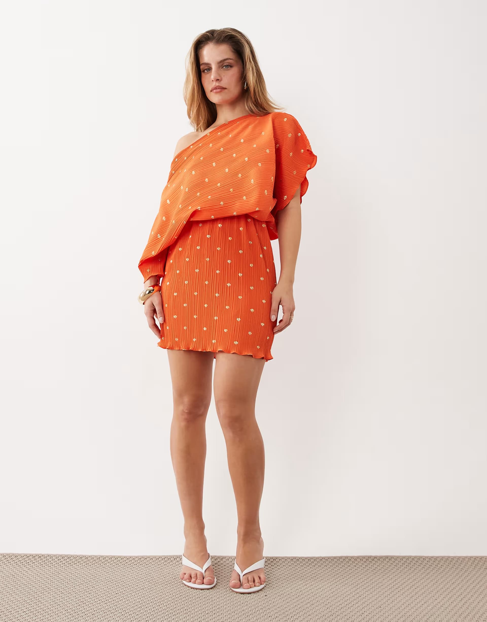 ASOS Never Fully Dressed Petite Tilly off shoulder plisse mini dress in orange