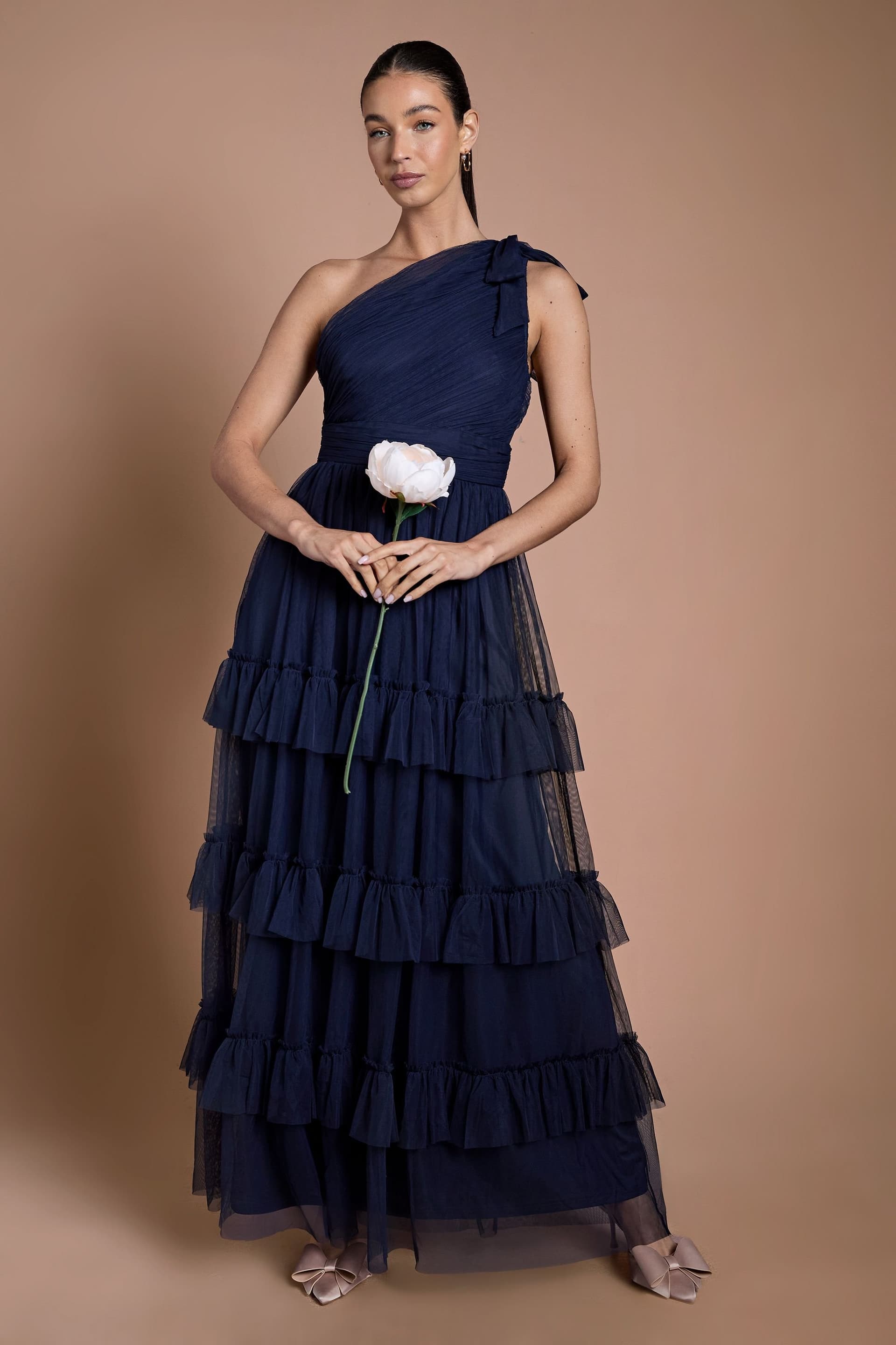 Oasis Oasis Women's Navy Pleated Mesh One Shoulder Tiered Maxi Bridesmaid Maxi Dress