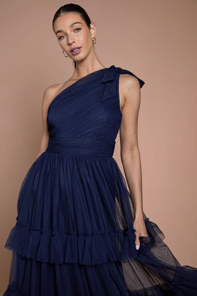 Oasis Oasis Women's Navy Pleated Mesh One Shoulder Tiered Maxi Bridesmaid Maxi Dress - 2