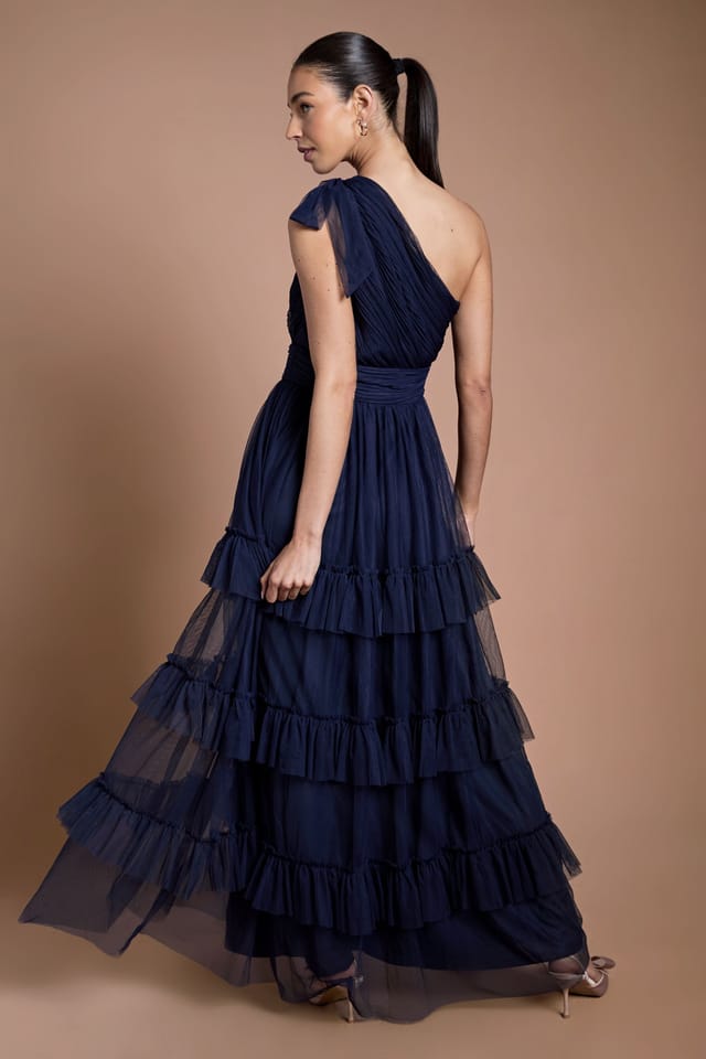 Oasis Oasis Women's Navy Pleated Mesh One Shoulder Tiered Maxi Bridesmaid Maxi Dress - 3