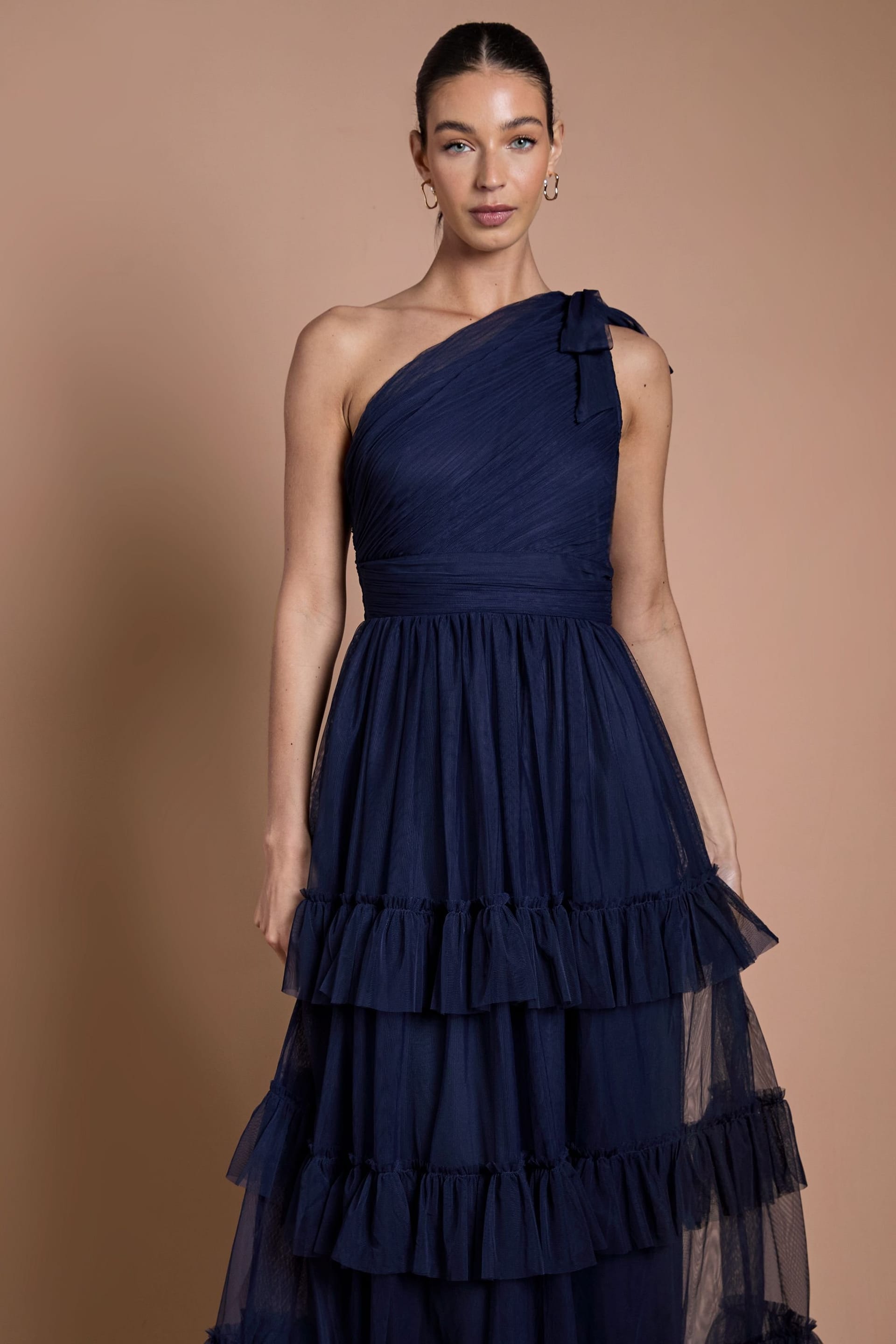 Oasis Oasis Women's Navy Pleated Mesh One Shoulder Tiered Maxi Bridesmaid Maxi Dress - 4