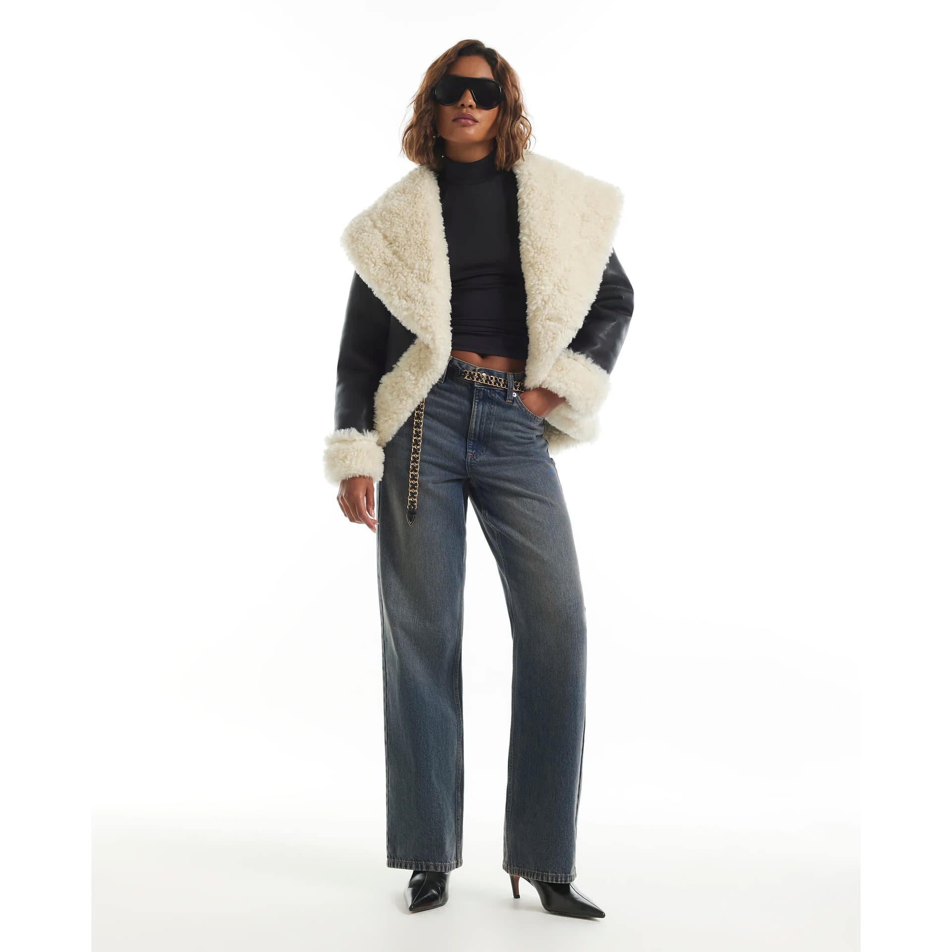 River Island River Island Womens Black Dip Hem Faux Shearling Jacket