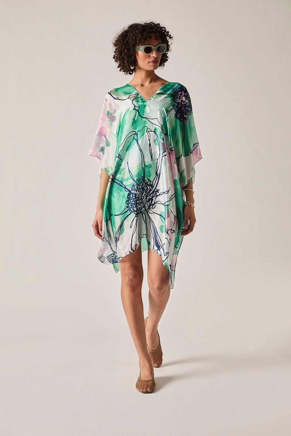 James Lakeland Women's Green Floral Sketch Kaftan